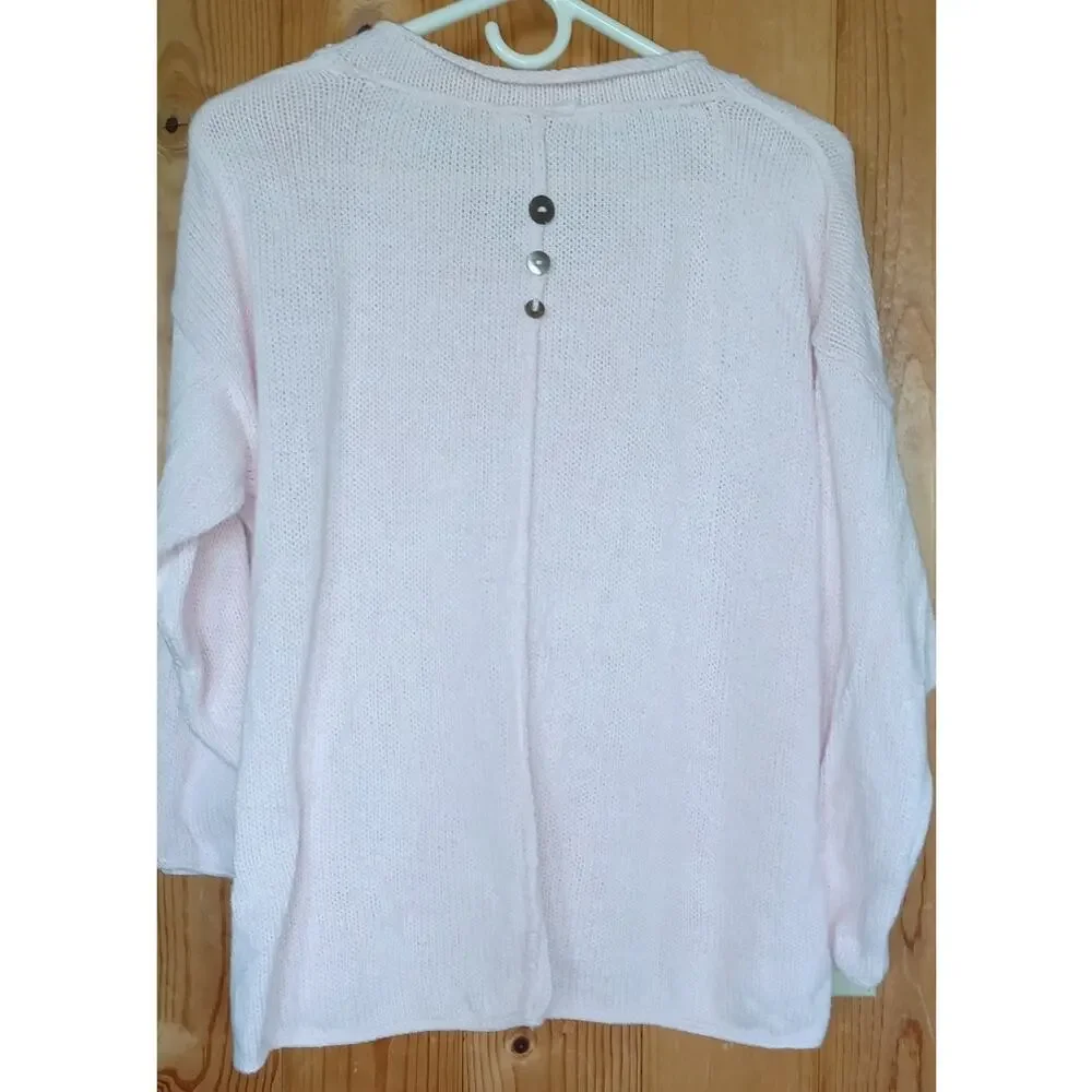 Petal Pink Hand Knit Sweater Women's XL Button Accents Exposed Seams Boxy Fit - Picture 4 of 5